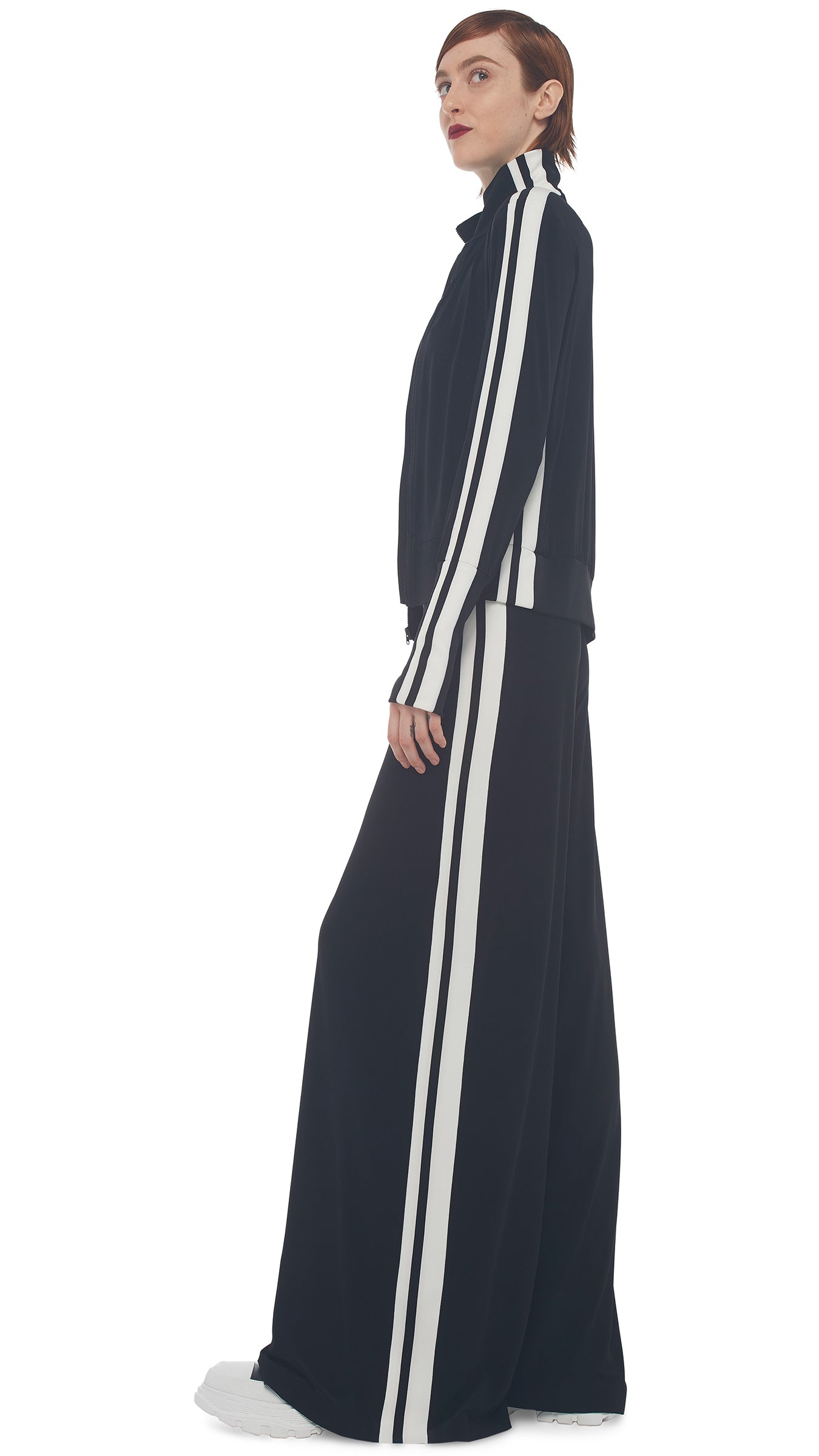 SIDE STRIPE TURTLE JACKET – Black/Offset Stripe – Norma Kamali