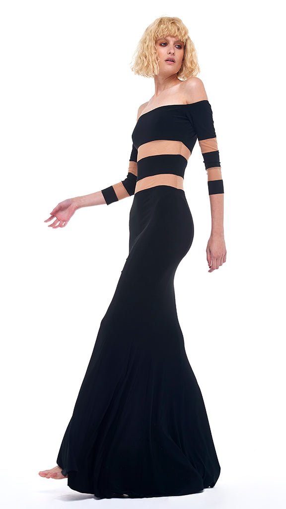 black off the shoulder fishtail dress