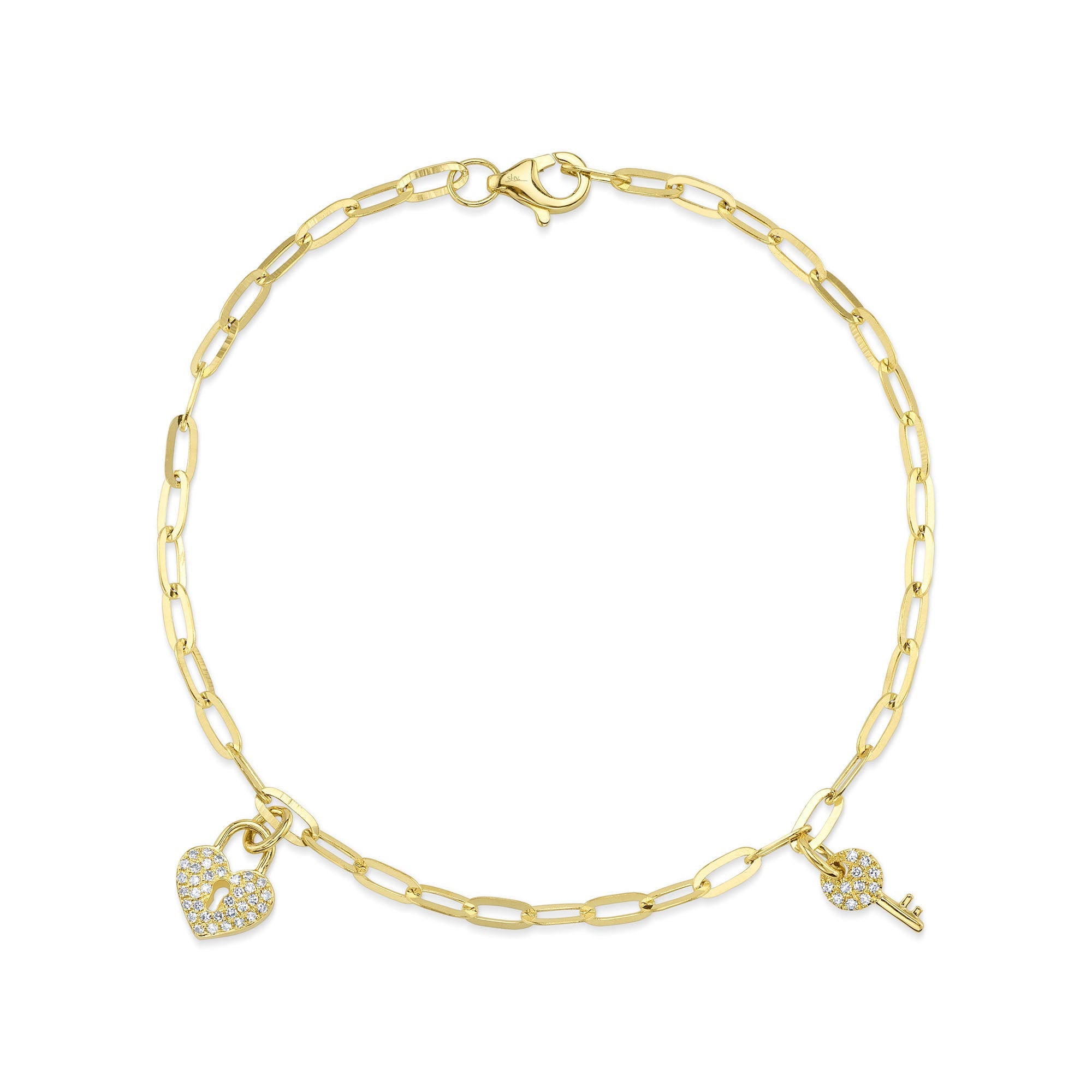 0.10CT DIAMOND PAVE HEART LOCK & KEY PAPER CLIP LINK BRACELET