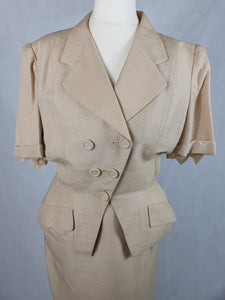 1940s Paris Label Beige Linen Suit With Hourglass Silhouette