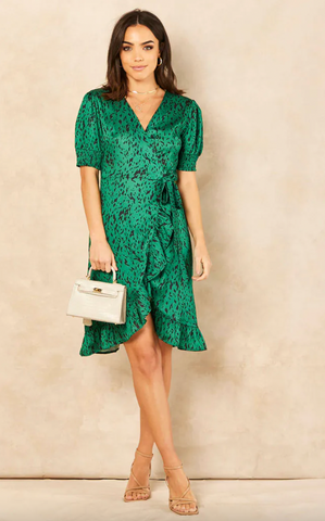 Wrap Mini Dress in Green Leopard print