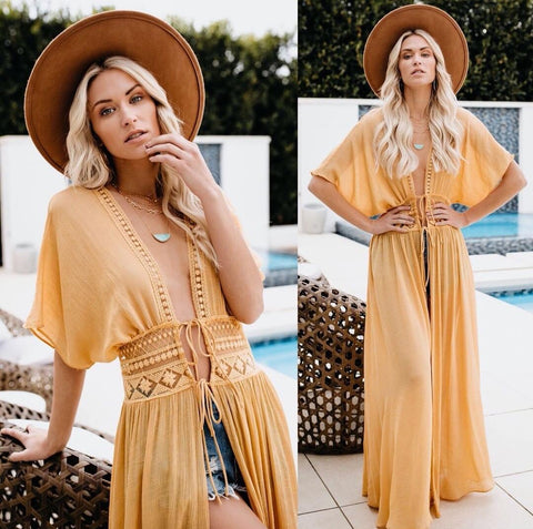 Yellow Beach Kaftan Maxi Wrap Dress