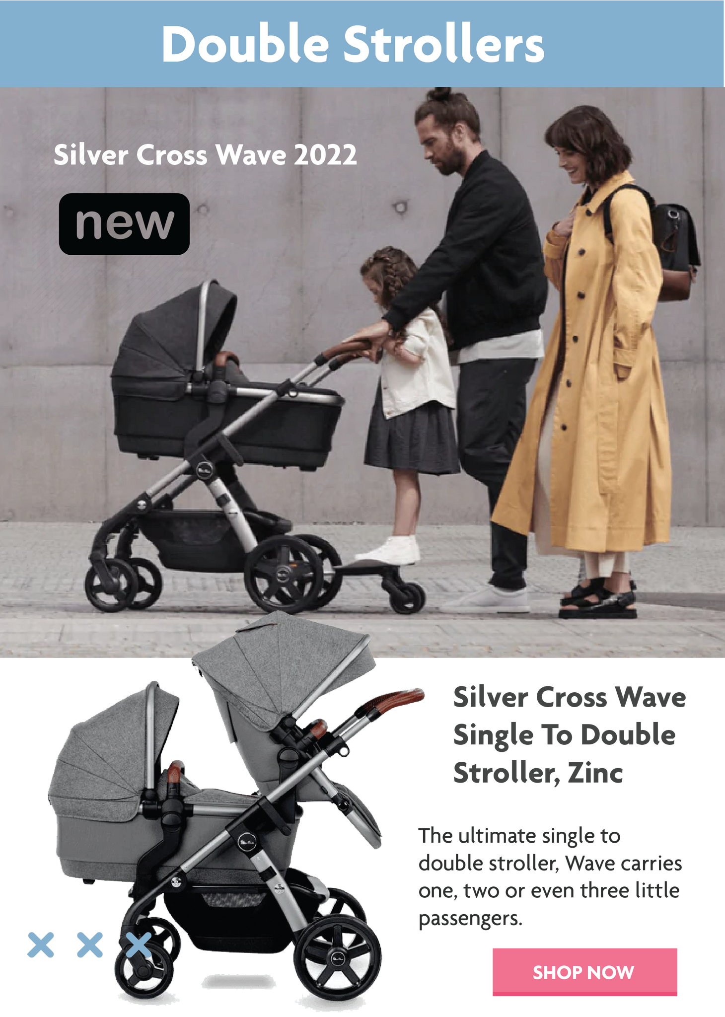 Silver Cross Wave Stroller 2022 , Single to Double Stroller, Tandem Stroller