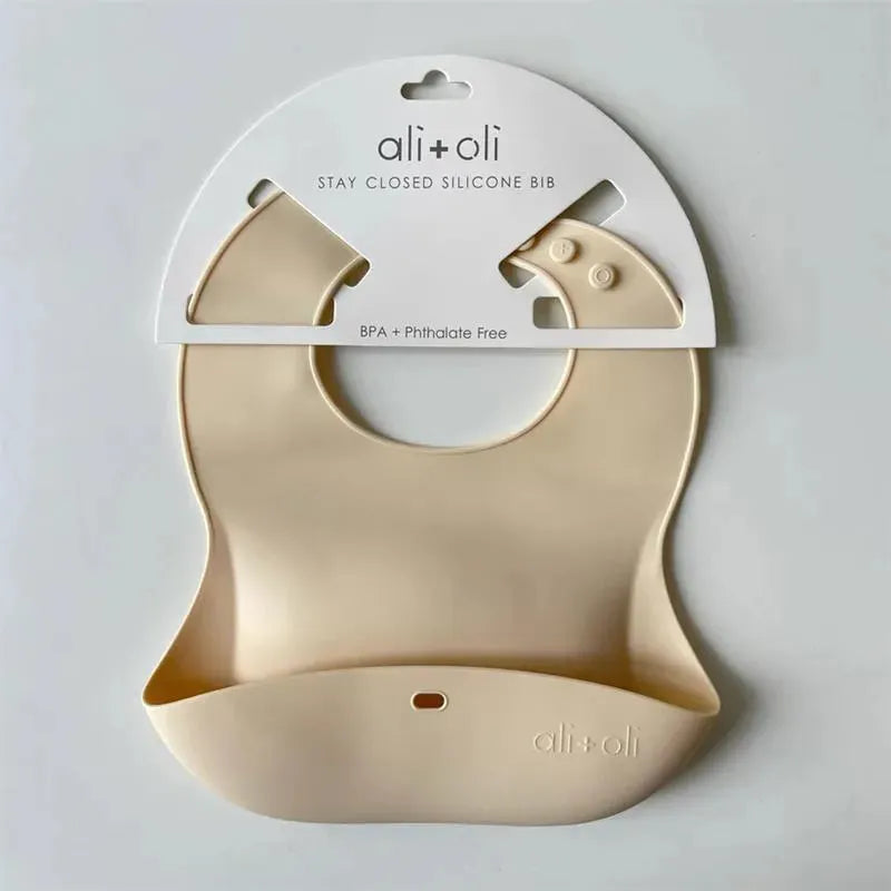 Ali + Oli Silicone Baby Bib Roll Up & Stay Closed (Sand)