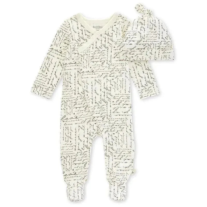 Burts Bees - My Love Will Follow Footed Jumpsuit & Knot Hat Set, Eggshell