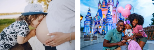 criança beijando a barriga da mãe grávida e família de pele morena no Disney Magic Kingdom