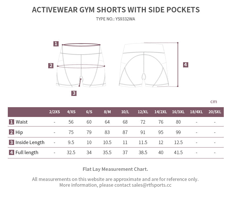 yoga shorts size chart
