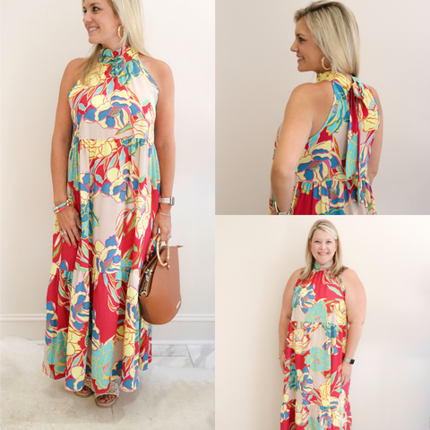 Malibu Dreaming Halter Maxi Dress on models, front and back view.