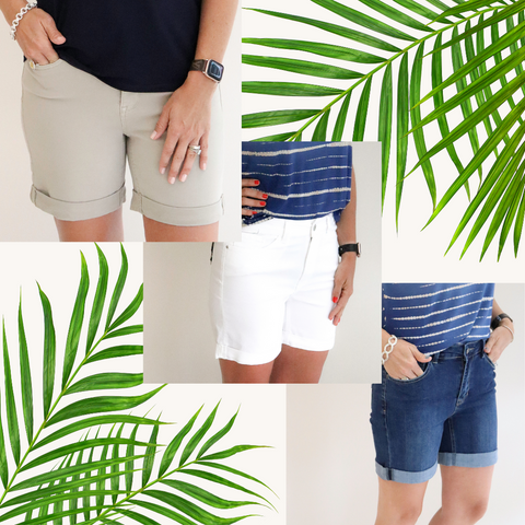 Rolled Up Cuff Shorts in Khaki, White, and Denim on model.