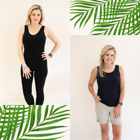 Reversible Tank Top on model and Reversible Bamboo Cami on model.
