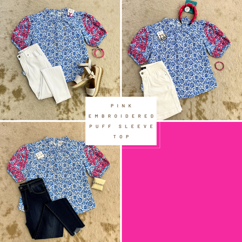 Flat lays of Pink Embroidered Puff Sleeve Blouse.