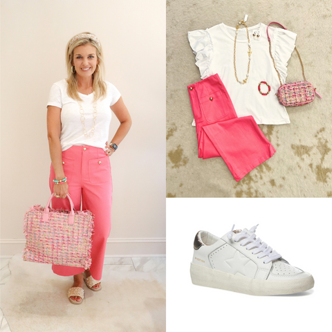 Model wearing Pink Canvas Culottes with Gold Buttons, White Cotton Ruffle Sleeve Top, Tori Spring Fringe Tweed Tote, Handcast Cross and Baroque Pearl Necklace, Gold Puff Ball Studs and Vintage Havana Reflex Sneakers.