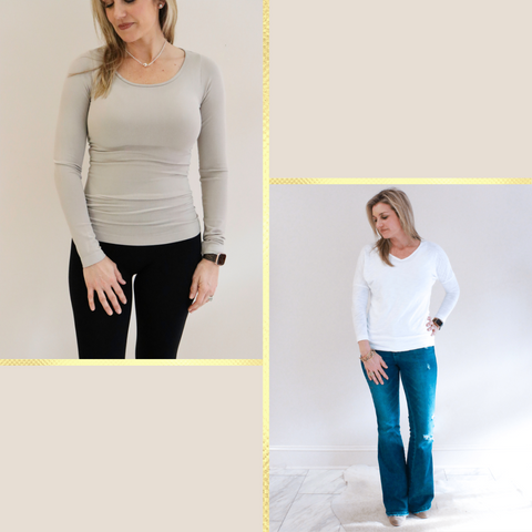 Dolman V-Neck Slub Tee with 3/4 Sleeves and Solid Long Sleeve Round Collar Top on models front view.
