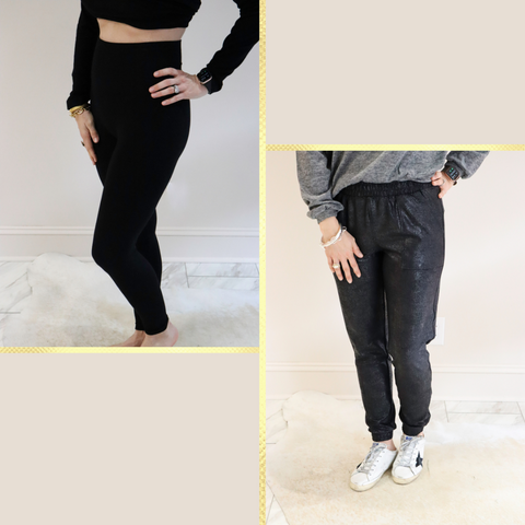 Our Favorite Leggings and Foil Printed High-Waist Leggings on models front view.