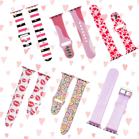 Silicone Valentine's Watch Bands over heart background.