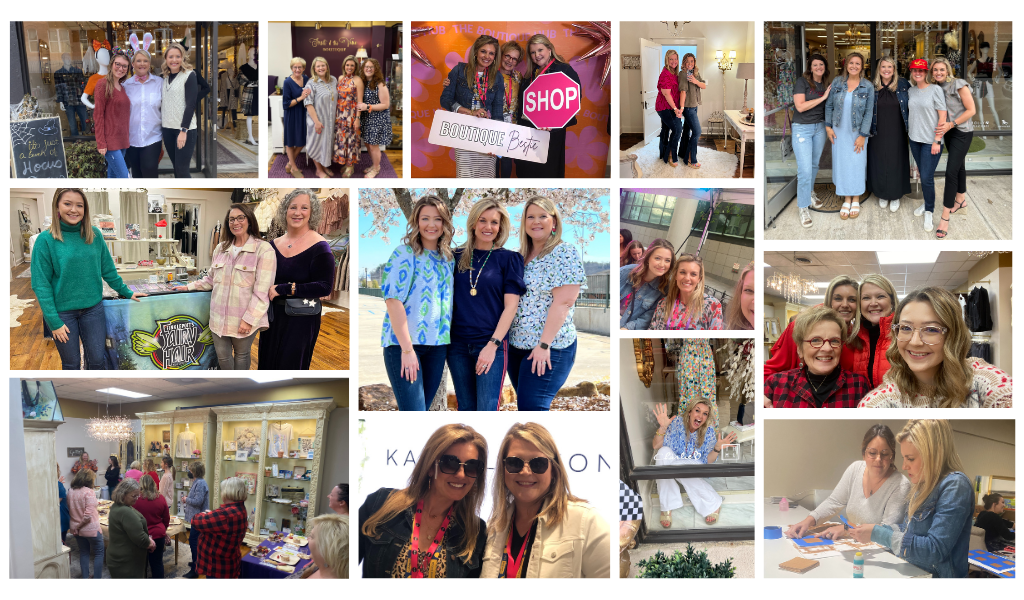 Collage of Fruit of the Vine Boutique employees, customers, and shop events.