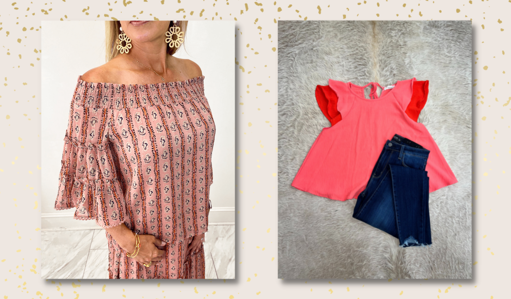Pink Off Shoulder Top and Coral Flutter Sleeve Top front view.