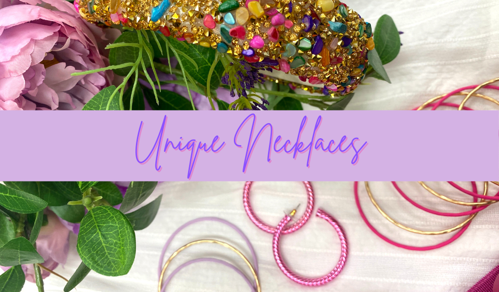 "Unique Necklaces" text over jewelry image.