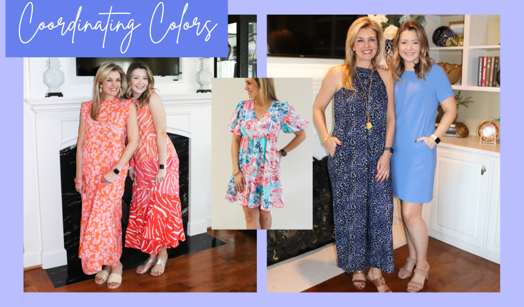 "Coordinating Colors" text over Fruit of the Vine Boutique models and dresses.