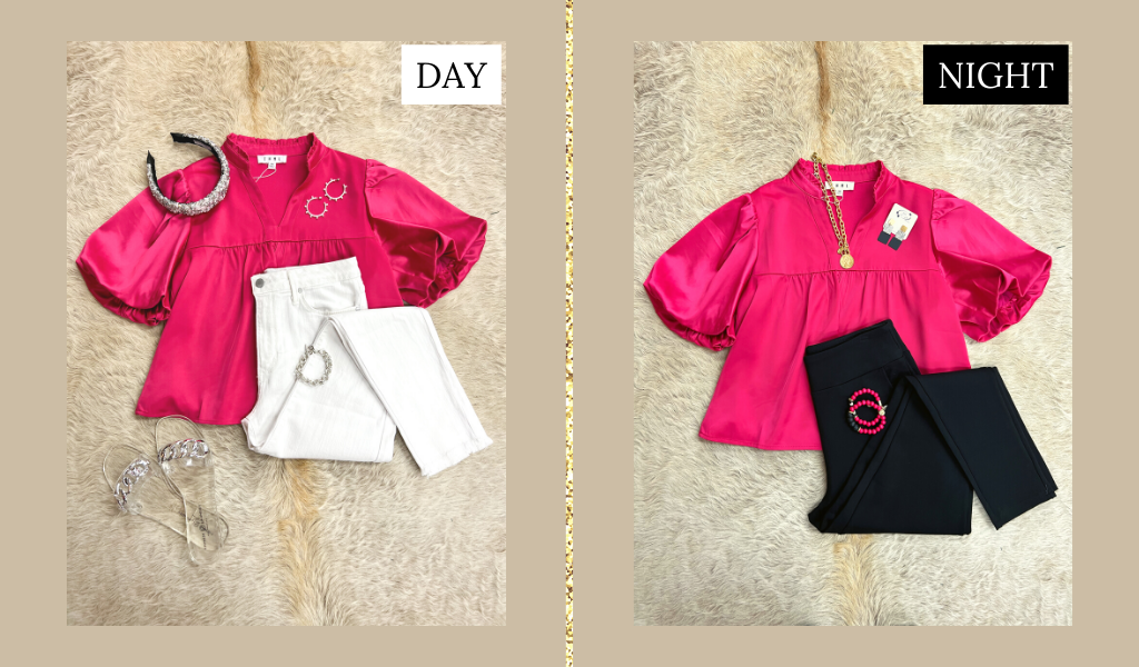 Hot Pink Satin Puff Sleeve Top styled bright for daytime and dark for nighttime.