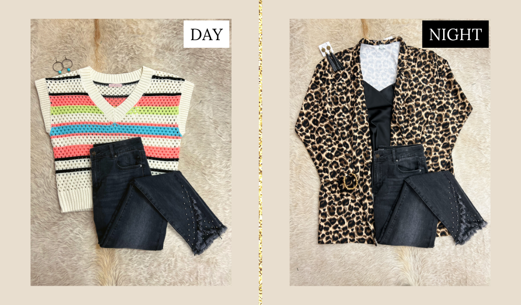 Charcoal Cross Hem Stud Jeans styled with Color Stripe Sweater for daytime and Silk Cami and Leopard Blazer for nighttime.