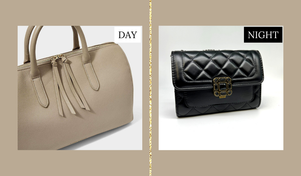 Isla Handbag in light taupe for daytime and Black Crossbody Clutch for nighttime.