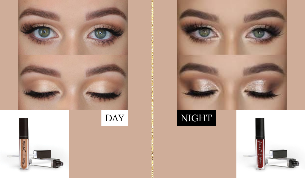 Daytime makeup look (right) and nighttime makeup look (left).