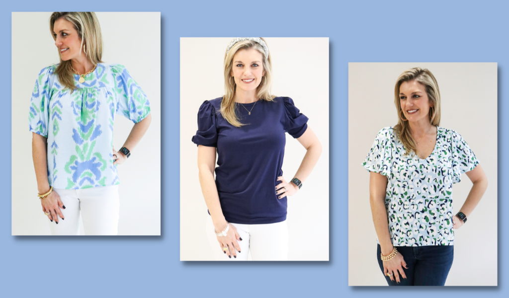 Sunday Summer Ivy Top on model, Blakely Top in Navy on model, Walk This Way Blue Paisley Top on model, front view.
