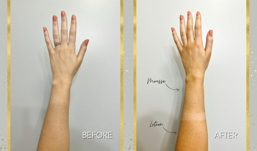 Before and after of tanning lotion and tanning mousse on arm.