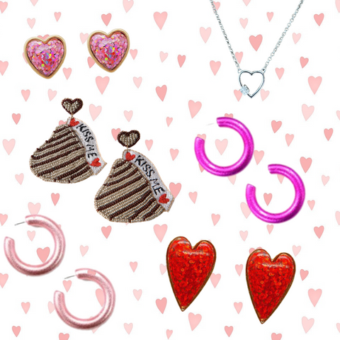 Glitter heart earrings, chunky hoops, kiss me earrings, heart carabiner necklace over heart background.