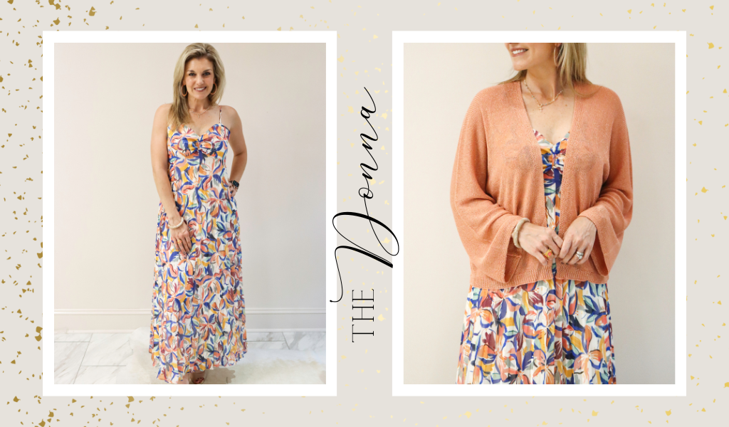 The Donna Maxi Dress and Peach Open Front Cardigan on model.