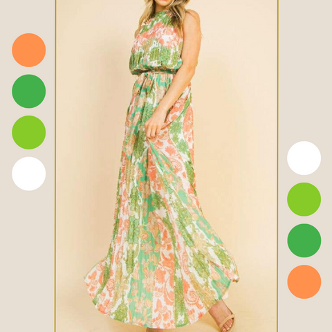 "Green Boho Print Pleated Maxi Dress" on model front view. Color block samples beside image.