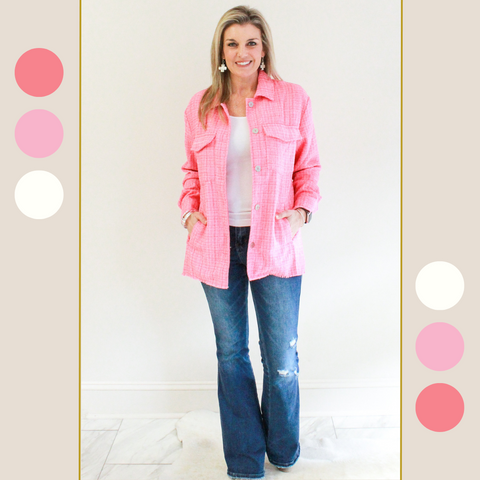 "Pink Tweed Shacket" on model front view. Color block samples beside image.