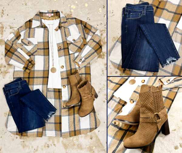 Flat lay of long plaid shacket over a white top, dark wash raw hem jeans, tan boots with heel, and long gold pendant necklace.