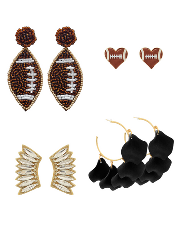 Beaded Football Earrings, Heart Football Earrings, Marquise Wing Earrings, 6-Petal Dangle Hoops.