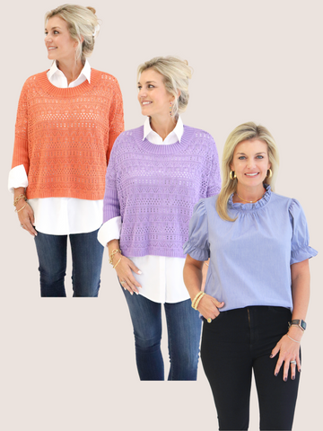 Reina 3/4 Sleeve Crochet Sweater in orange and lavender on model, Blue Ruffle Neck Poplin Top on model.
