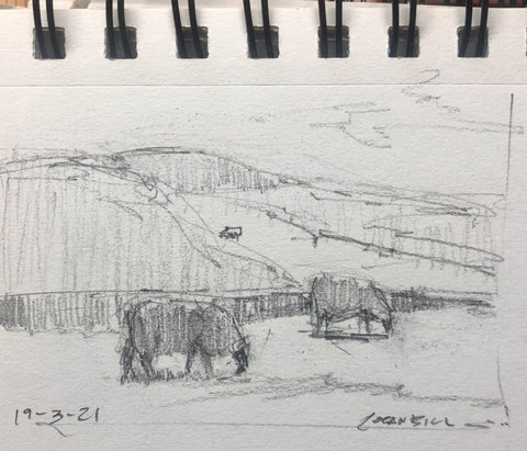 Thumbnail sketch of sheep grazing. 