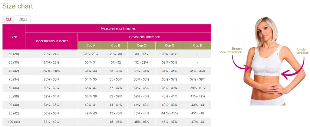 PI Special Post-Operative Compression Bra Size Chart