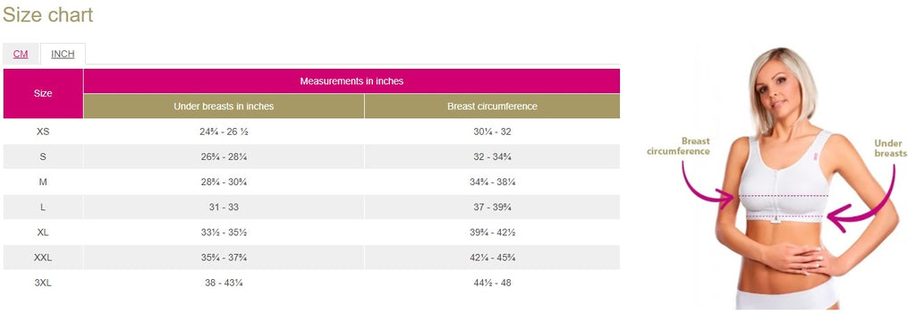 PI Active Post-Operative Compression Bra Size Chart