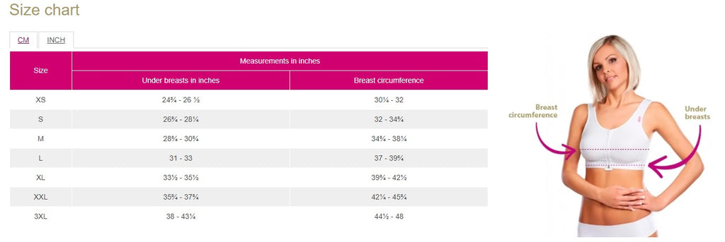 PI Ideal Post-Operative Compression Bra Size Chart