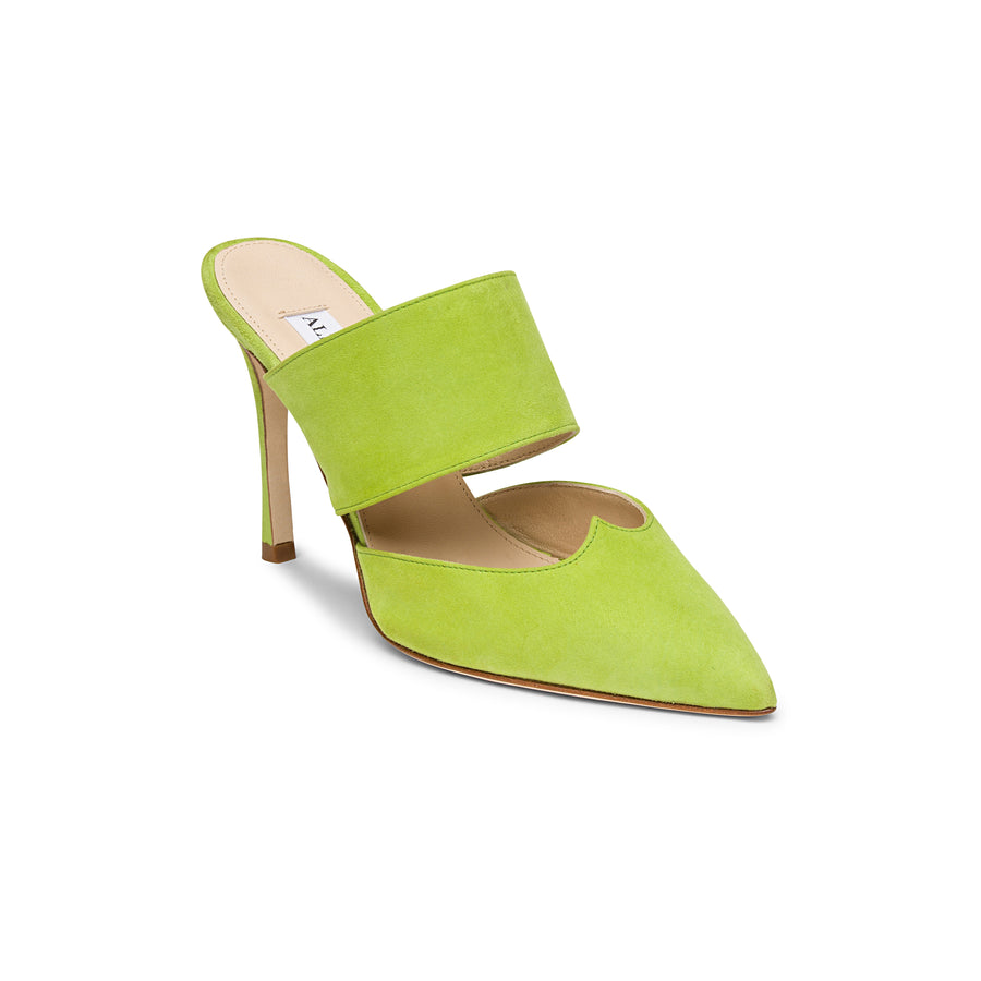 green suede mules