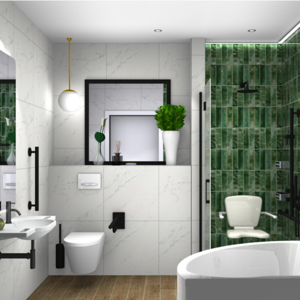 A computer generated render of Sophie's new bathroom, white tiles around toilet area, green tiles in shower area, matt black grab rails, white sanitaryware, including large curved bath in foreground