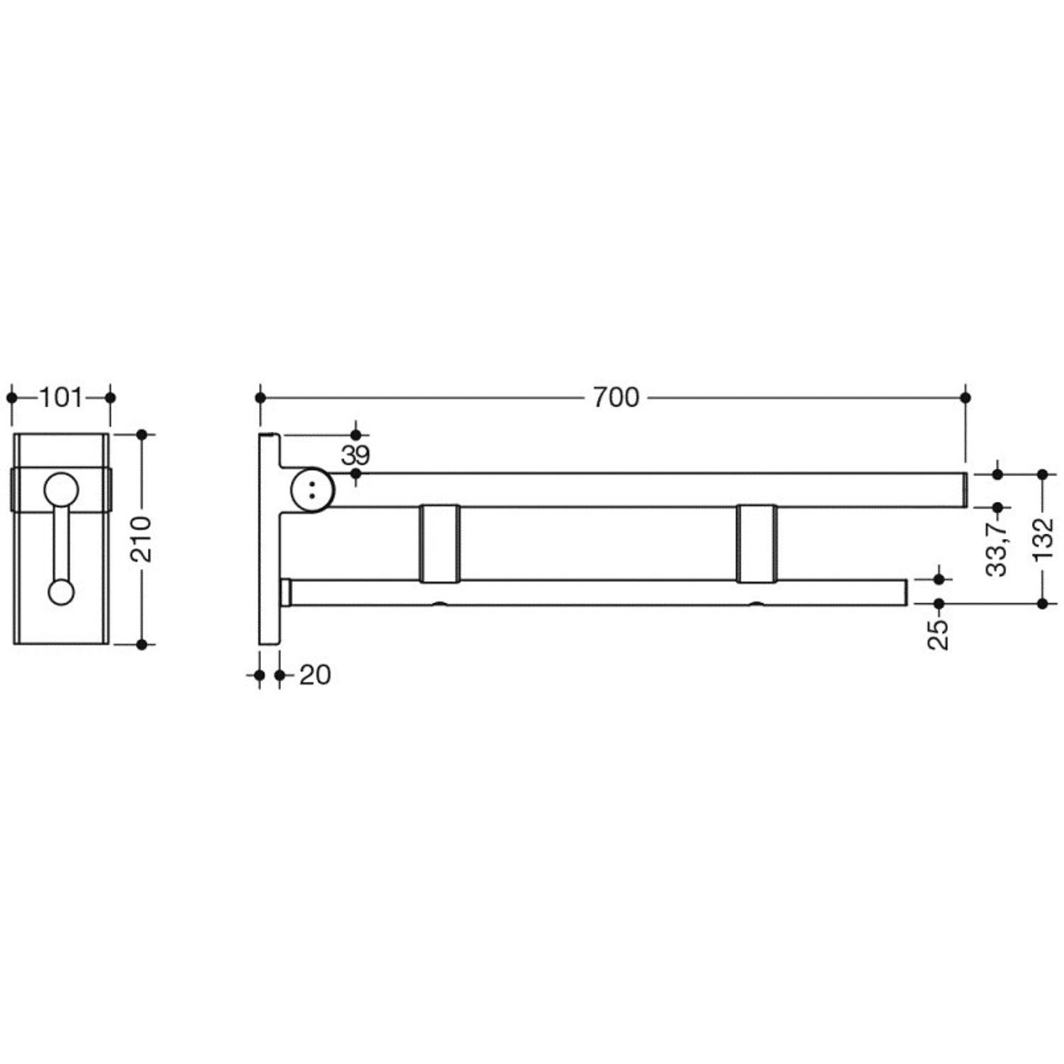 700mm Freestyle Hinged Grab Rail with a matt black finish dimensional drawing