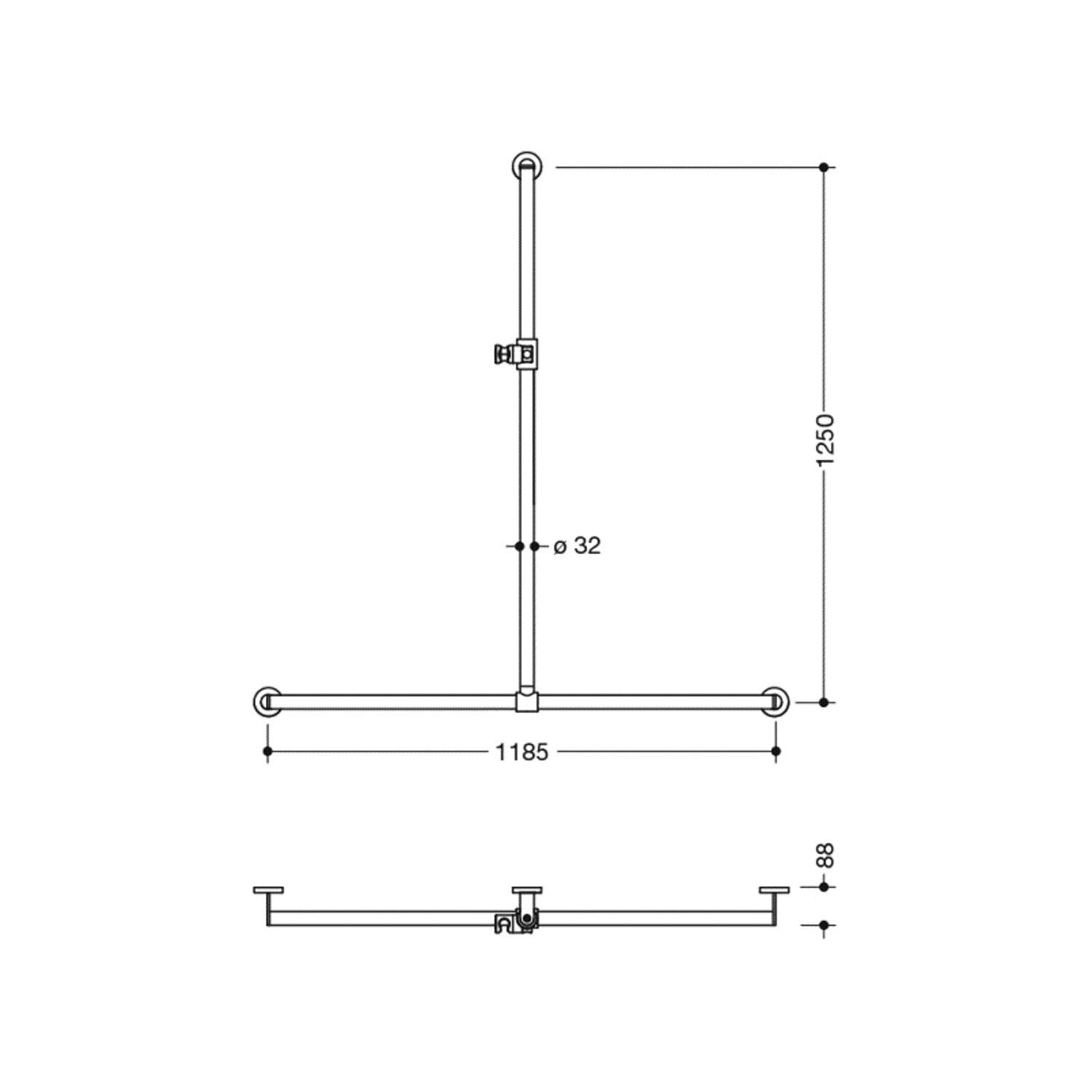 1250x1185mm Freestyle Supportive T Shaped Shower Rail with a satin steel finish dimensional drawing