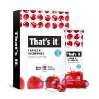 Cherry bar and real cherries in front of box of 12 bars 