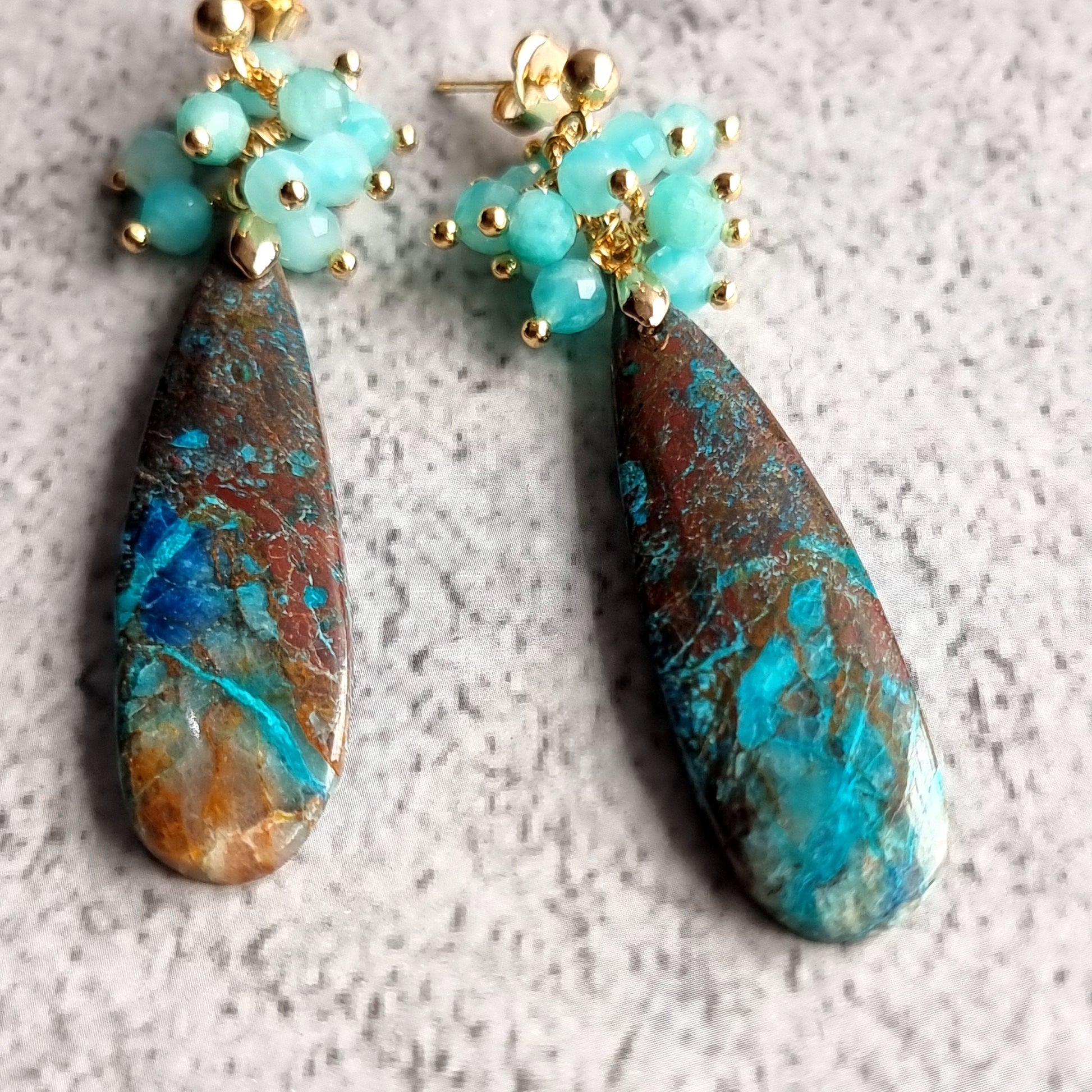 Chrysocolla with cluster of Amazonites Gemstone Earrings