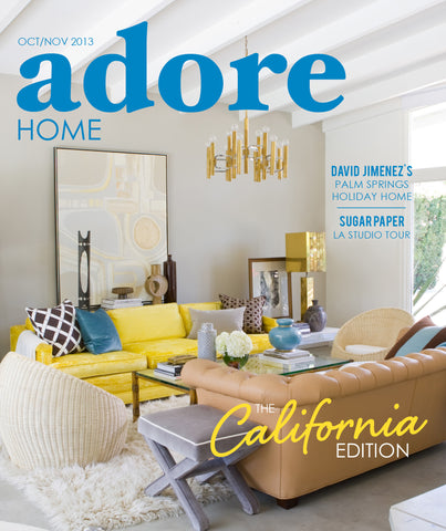 'Adore Home' magazine cover, 'California Edition' with vibrantly colored modern living room interior and décor accessories