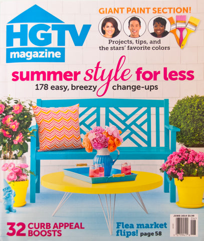 HGTV Magazine cover, 'Summer Style for Less' with vibrantly colored patio bench, patio table, matching pillows and flowerpots