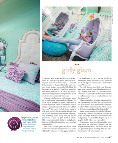 Magazine article 'Girlie Glam', photo of adolescent girl in modern-theme bedroom with lots of turquoise and purple