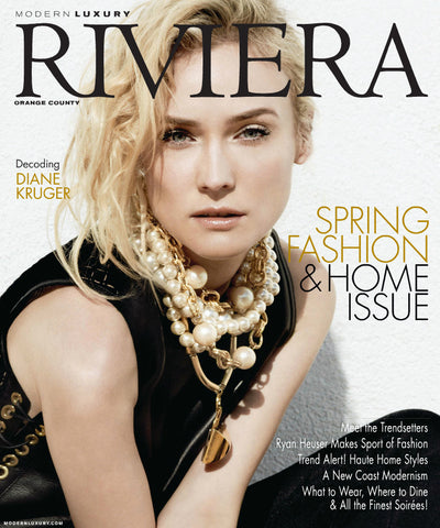 Riviera magazine cover, 'Modern luxury', 'Spring Fashion and Home', Diane Kruger wearing black dress and large pearl jewelry
